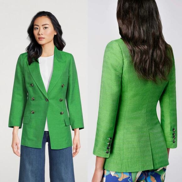 Smythe NWT Linen Silk Crop Sleeve Kelly Green Blazer Jacket Size 0 - Picture 9 of 9